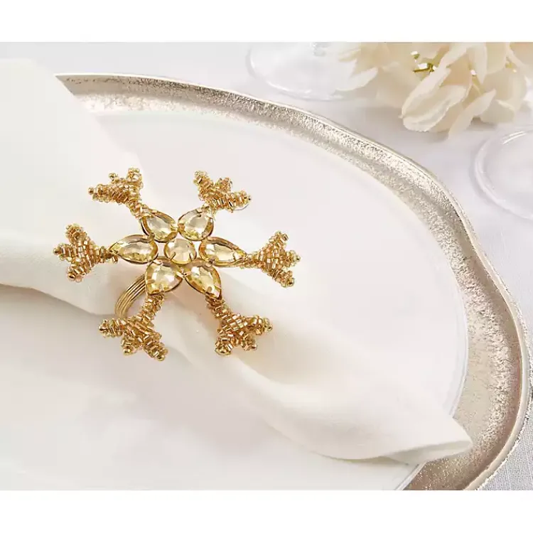 Table Linens-Kirklands Home Beaded Snowflake Napkin Rings, Set of 4 Gold