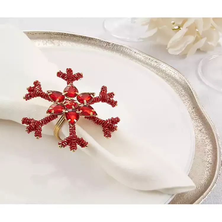 Table Linens-Kirklands Home Beaded Snowflake Napkin Rings, Set of 4 Red
