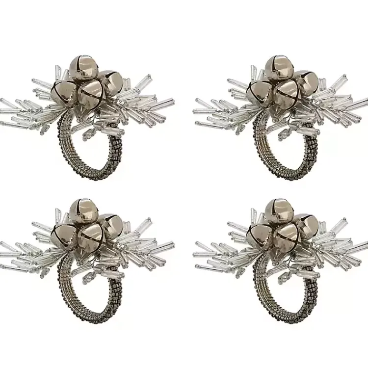 Table Linens-Kirklands Home Bells and Holly Napkin Rings, Set of 4 Silver