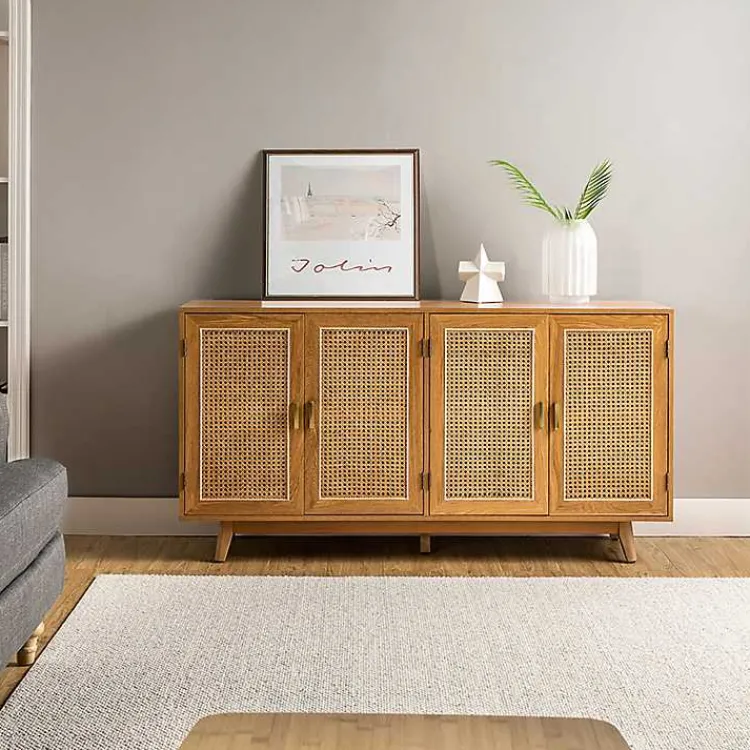 Cabinets & Sideboards-Kirklands Home Cane Wood Storage Media Cabinet Tan