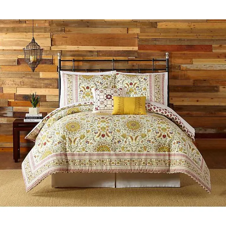 Comforters-Kirklands Home Shyla Yellow Vinework Queen 5-pc. Comforter Set