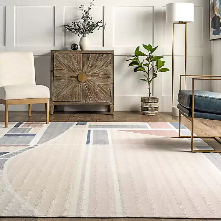 Area Rugs-Kirklands Home Cream Geometric Shapes Washable Area Rug, 8x10