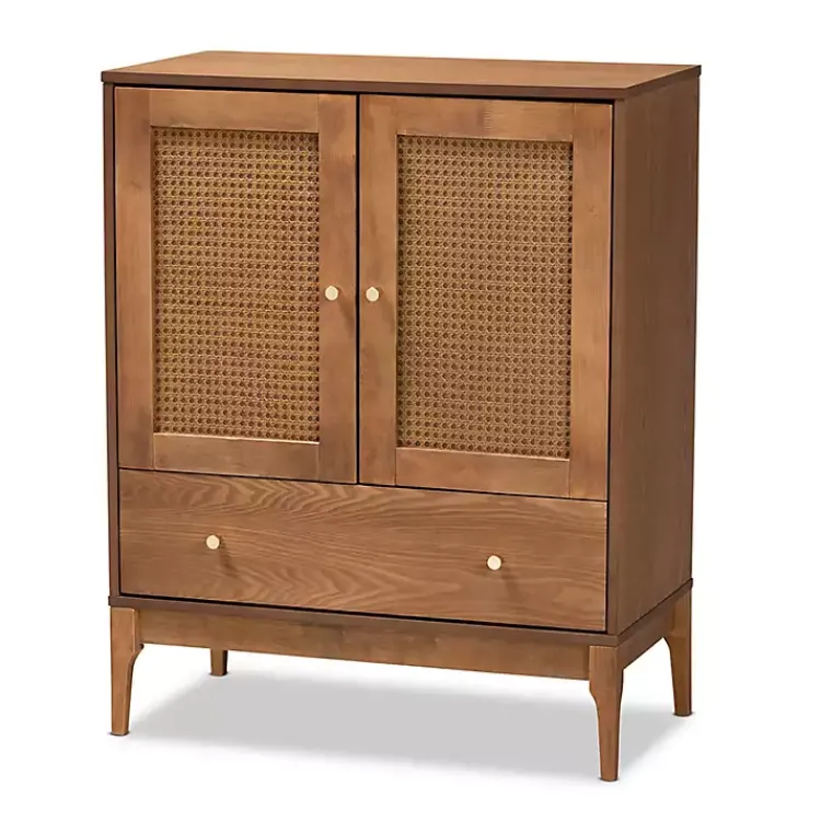 Cabinets & Sideboards-Kirklands Home Mid-Century Modern Rattan Walnut Cabinet Brown