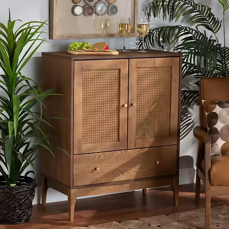 Cabinets & Sideboards-Kirklands Home Mid-Century Modern Rattan Walnut Cabinet Brown