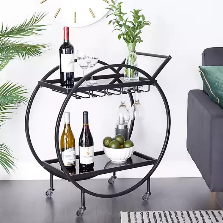 Kitchen Islands & Bar Carts-Kirklands Home Round Metal and Glass 2-Ter Bar Cart Black