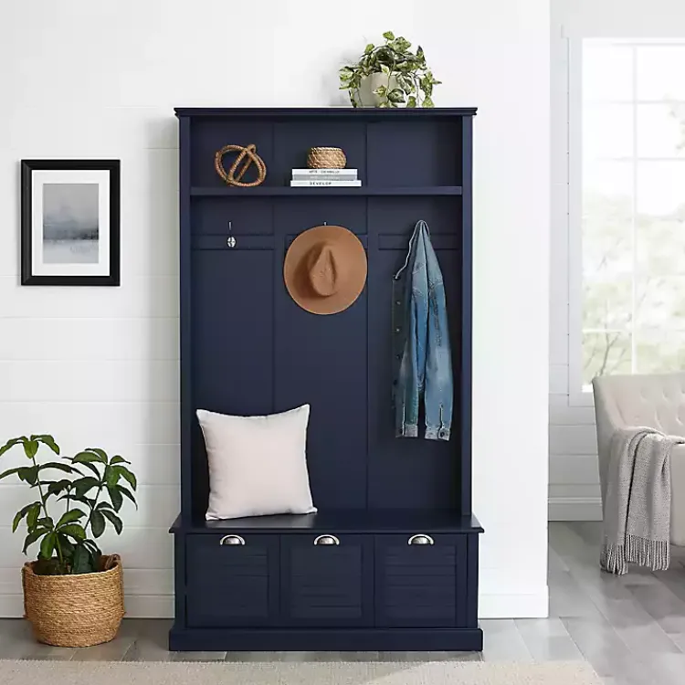 Entryway Furniture-Kirklands Home Navy Wood Storage Bench Hall Tree Blue