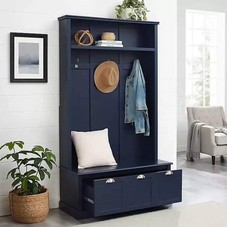Entryway Furniture-Kirklands Home Navy Wood Storage Bench Hall Tree Blue