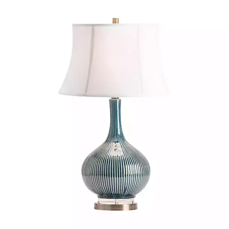 Table Lamps-Kirklands Home Blue Ceramic Stripe Base Table Lamp White