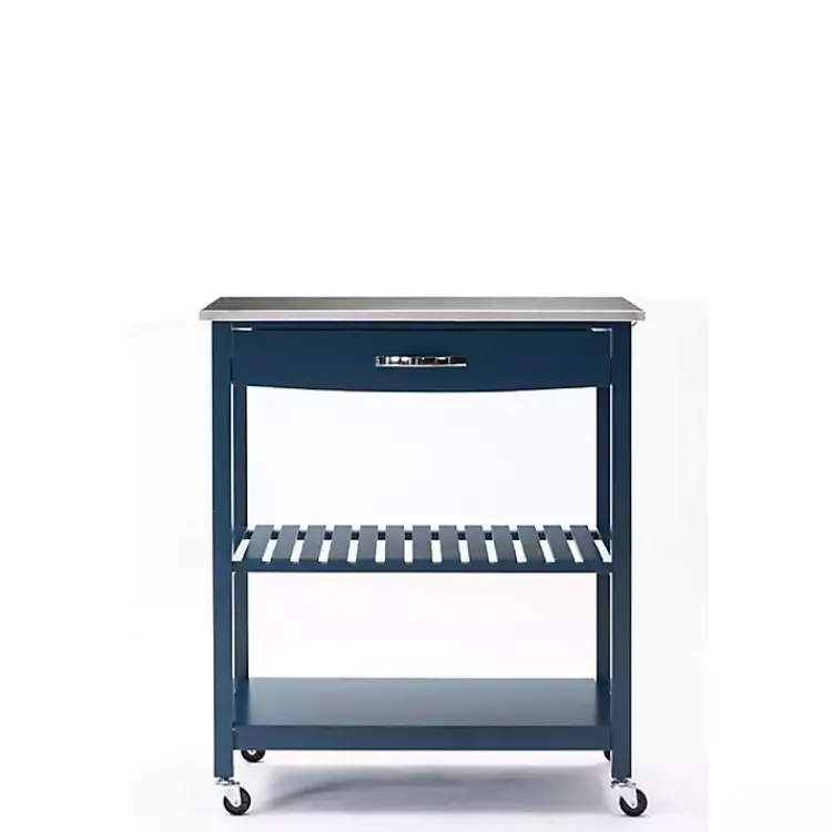 Kitchen Islands & Bar Carts-Kirklands Home Navy Wood and Stainless Steel Top Kitchen Cart Blue
