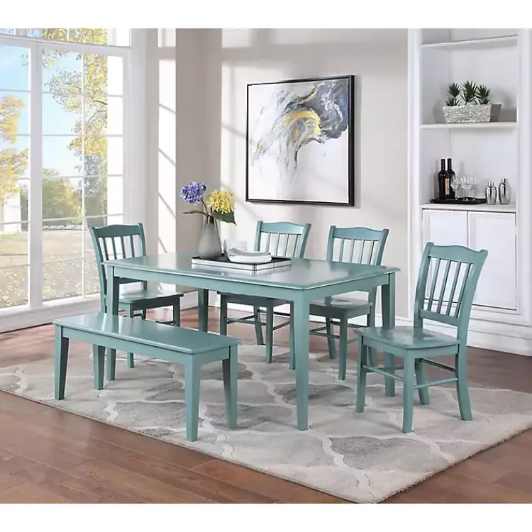 Benches & Ottomans-Kirklands Home Turquoise Wood Classic Farmhouse Bench Blue