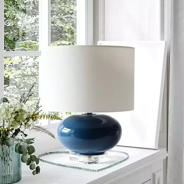 Table Lamps-Kirklands Home Navy Glass Short Oval Table Lamp Blue