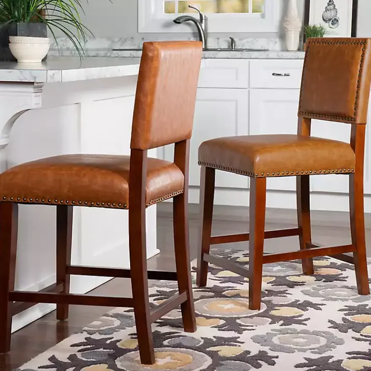 Bar Stools & Counter Height Stools-Kirklands Home Brown Faux Leather Square Classic Counter Stool Tan