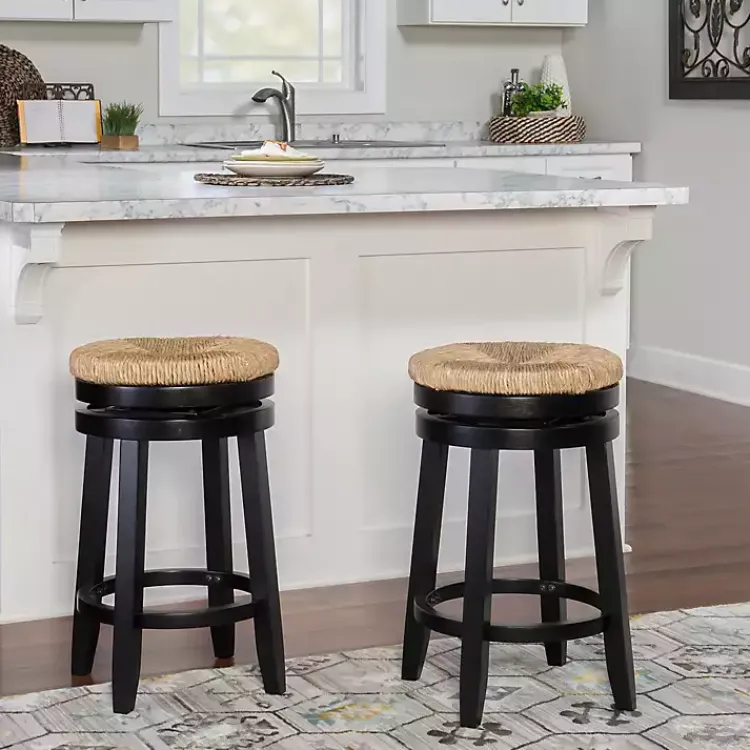 Bar Stools & Counter Height Stools-Kirklands Home Black Wood Seagrass Seat Swivel Counter Stool Tan