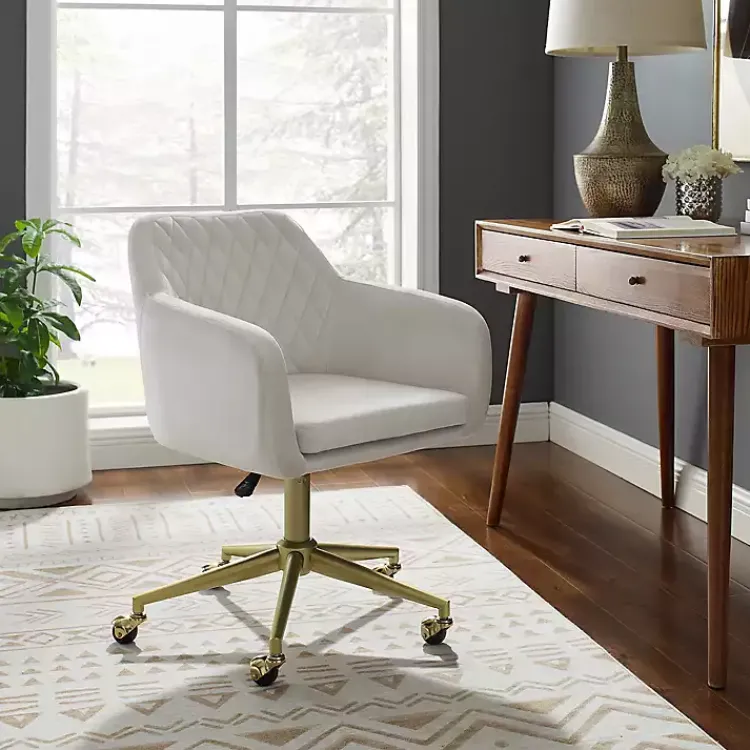 Office Furniture-Kirklands Home Cream Upholstered Tufted Swivel Office Chair Ivory