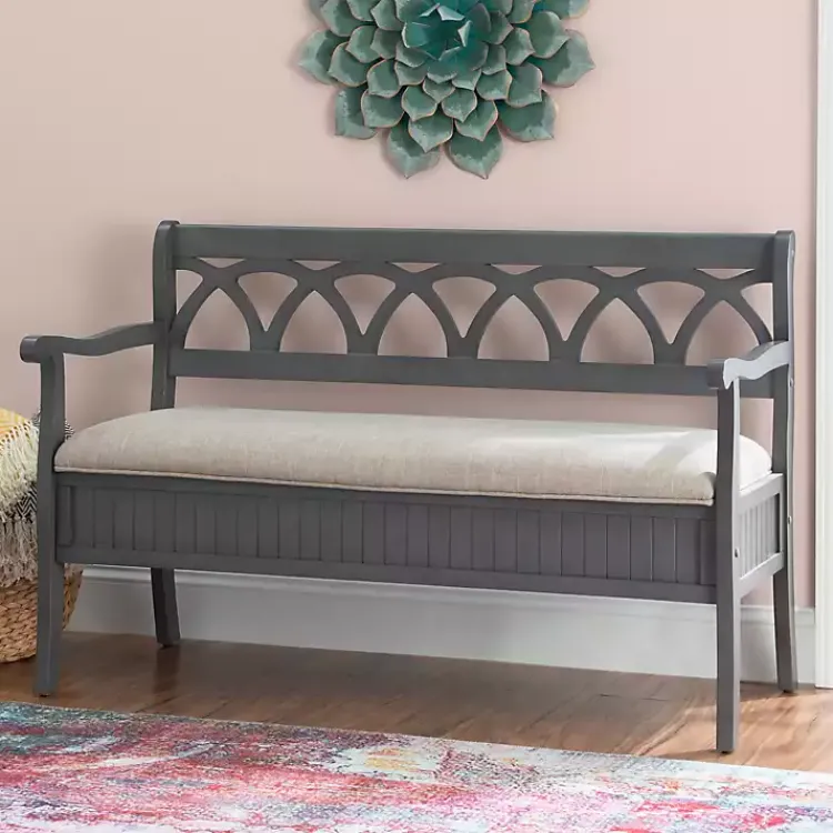 Benches & Ottomans-Kirklands Home Gray Wood Upholstered Storage Bench