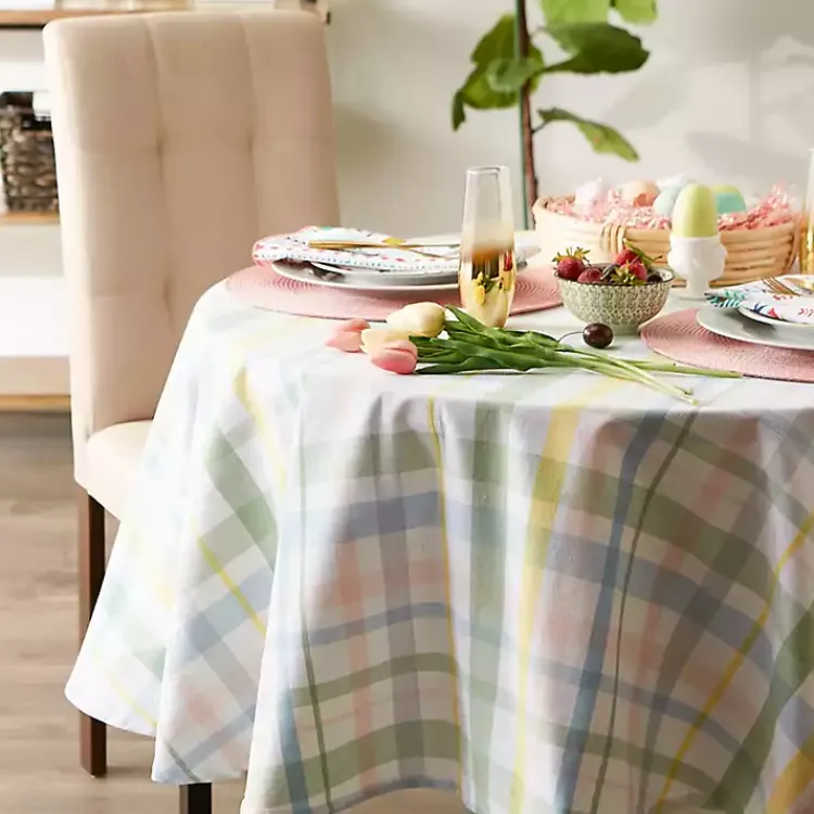 Table Linens-Kirklands Home Round Sweet Spring Plaid Tablecloth, 70 in. Multi