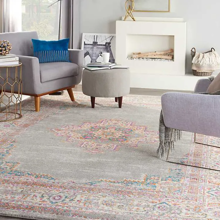 Area Rugs-Kirklands Home Gray & Pink Central Motif Botanical Area Rug, 9x12