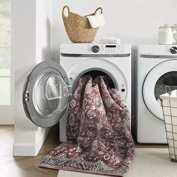 Area Rugs-Kirklands Home Brick Vintage Floral Washable Area Rug, 5x7 Red