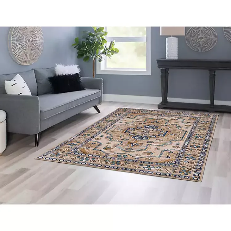 Area Rugs-Kirklands Home Ivory and Gold Julian Washable Area Rug, 5x7