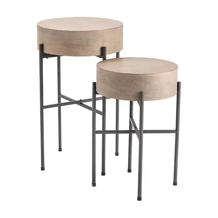 Accent & End Tables-Kirklands Home Round Light Wood and Metal Accent Tables, Set of 2 Tan