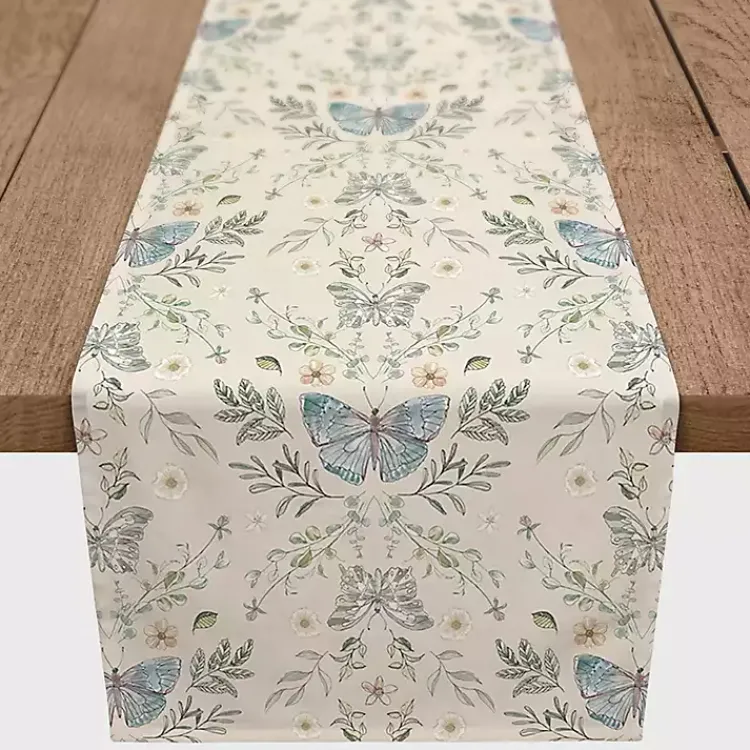Table Linens-Kirklands Home Cream Botanical Butterfly Table Runner, 90 in. Ivory