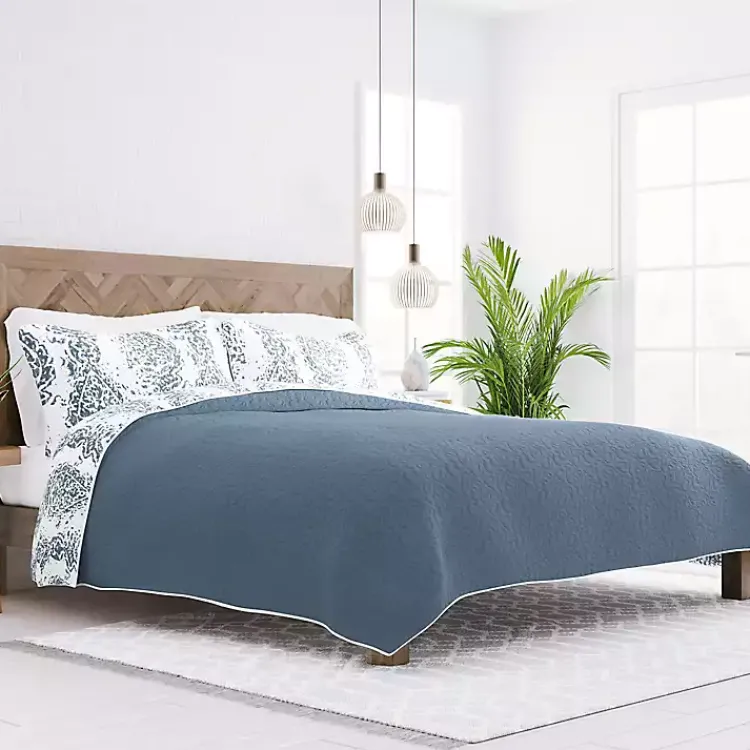 Quilts-Kirklands Home Blue Damask Reversible 3-pc. Queen Quilt Set