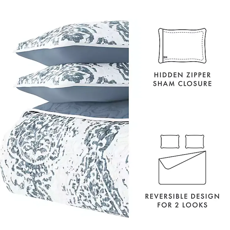 Quilts-Kirklands Home Blue Damask Reversible 3-pc. Queen Quilt Set