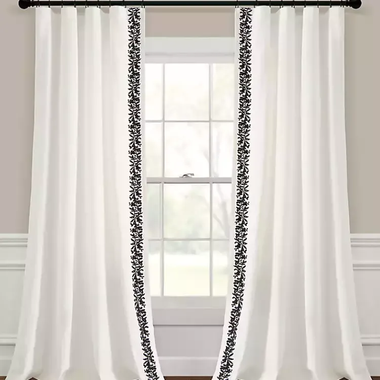Curtains & Drapes-Kirklands Home White and Black Embroidered Curtain Panel, 84 in.