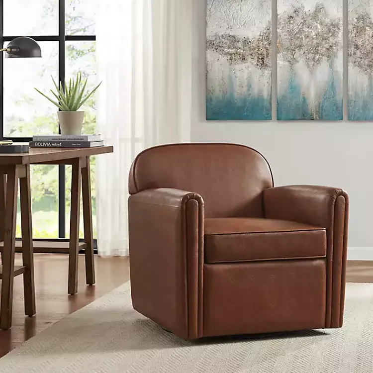 Accent Chairs-Kirklands Home Faux Leather Swivel Club Chair Brown