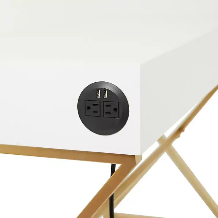 Office Furniture-Kirklands Home White and Gold Metal Desk with Outlets