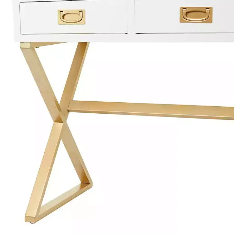 Office Furniture-Kirklands Home White and Gold Metal Desk with Outlets