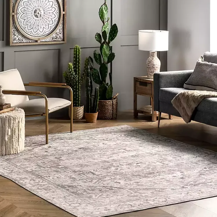 Area Rugs-Kirklands Home Flo Vintage Medallion Washable Area Rug, 6x9 Gray