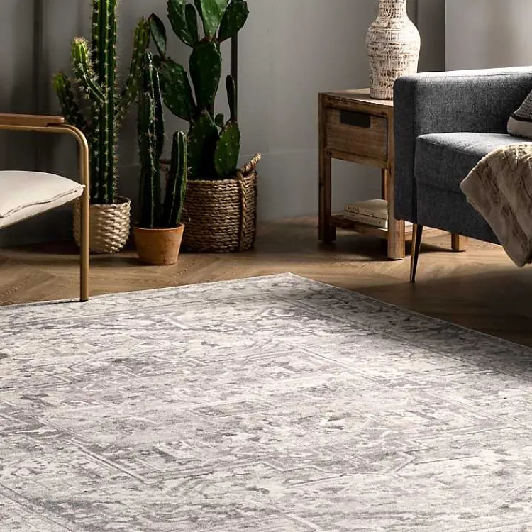 Area Rugs-Kirklands Home Flo Vintage Medallion Washable Area Rug, 6x9 Gray