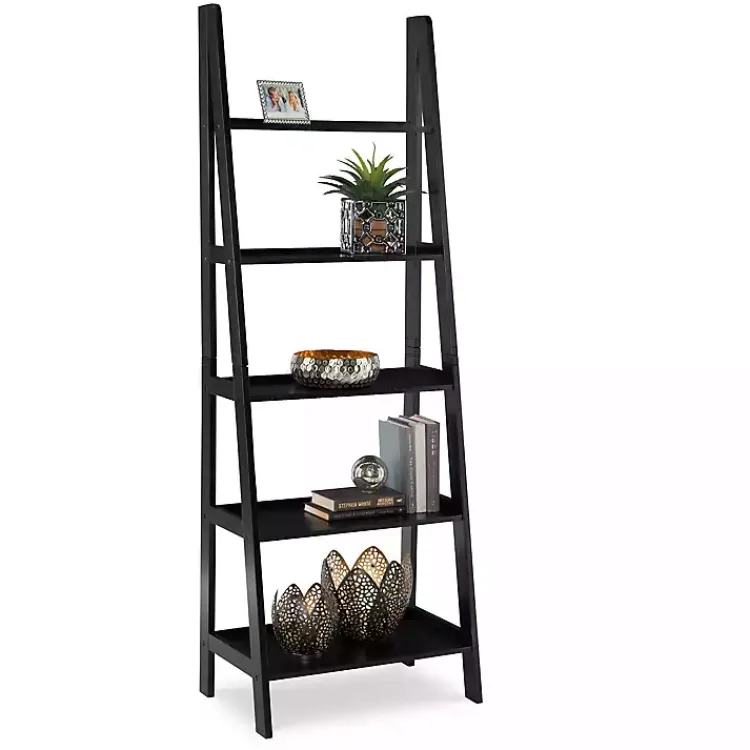 Bookshelves-Kirklands Home Wood 5-Tier Ladder Bookshelf Black