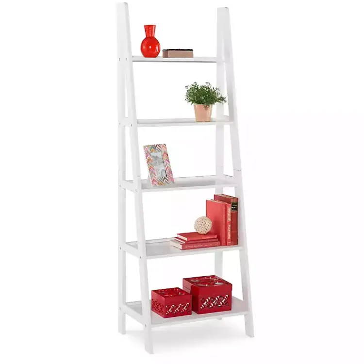 Bookshelves-Kirklands Home Wood 5-Tier Ladder Bookshelf White