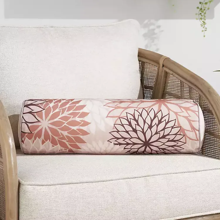 Outdoor Cushions & Pillows-Kirklands Home and Beige Floral Outdoor Bolster Pillow Pink
