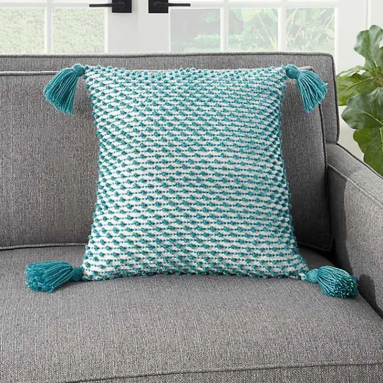 Outdoor Cushions & Pillows-Kirklands Home Turquoise Knotted Tassel Outdoor Throw Pillow Blue