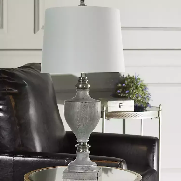 Table Lamps-Kirklands Home Gray Faux Wood and Silver Table Lamp White