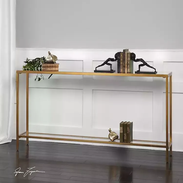 Console Tables-Kirklands Home Metal Mirrored Top Slim Console Table Gold