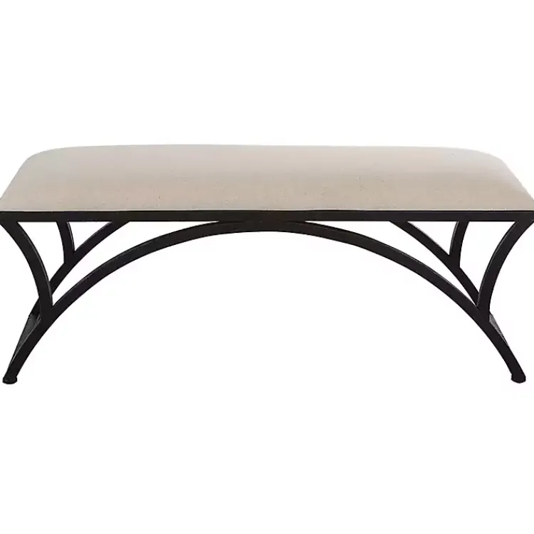 Benches & Ottomans-Kirklands Home Black Metal Arched Frame Upholstered Bench Ivory
