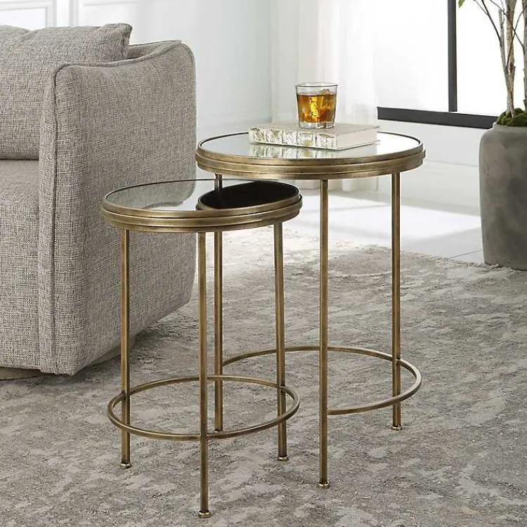 Accent & End Tables-Kirklands Home Metal Mirror Top 2-pc. Nesting Side Table Set Gold