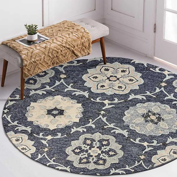 Area Rugs-Kirklands Home Round Geometric Floral Area Rug, 4x4 Blue