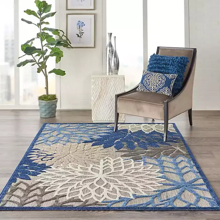 Outdoor Rugs-Kirklands Home Blue Floral Burst Outdoor Area Rug, 6x9