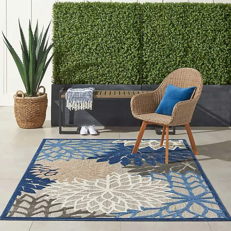 Outdoor Rugs-Kirklands Home Blue Floral Burst Outdoor Area Rug, 6x9