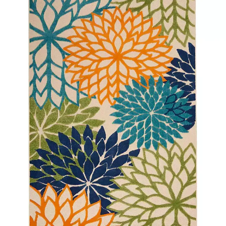 Outdoor Rugs-Kirklands Home Green and Blue Floral Burst Outdoor Area Rug, 6x9