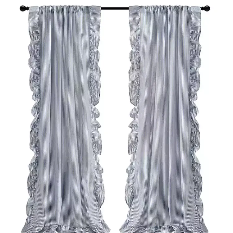 Curtains & Drapes-Kirklands Home Blue Stripe Ruffled Curtain Panel Set, 84 in.