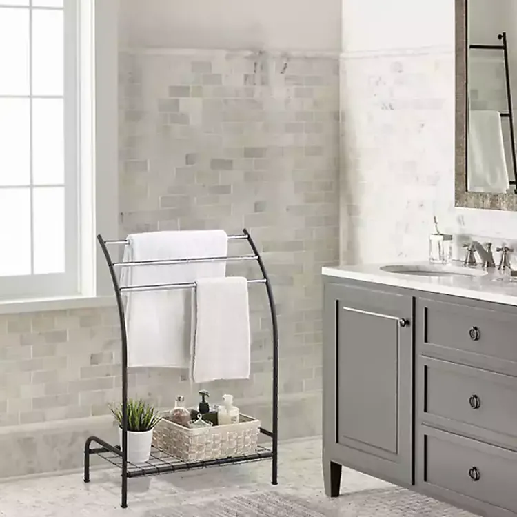 Bathroom Accessories-Kirklands Home Steel 3-Bar Standing Towel Rack Black