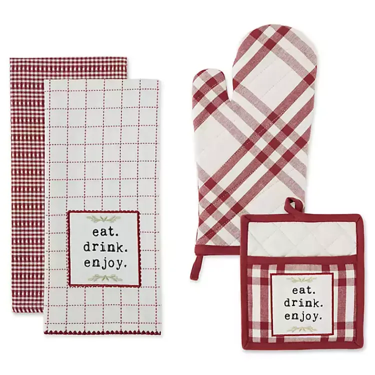 Kitchen Accessories-Kirklands Home Red Plaid Eat Drink Enjoy 4-pc. Dish Towel Set