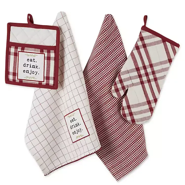 Kitchen Accessories-Kirklands Home Red Plaid Eat Drink Enjoy 4-pc. Dish Towel Set