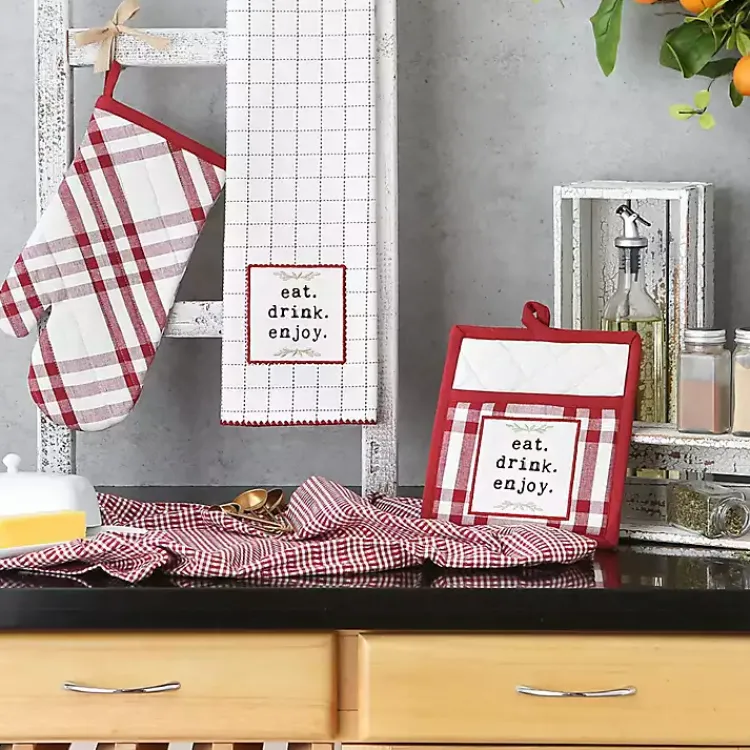 Kitchen Accessories-Kirklands Home Red Plaid Eat Drink Enjoy 4-pc. Dish Towel Set